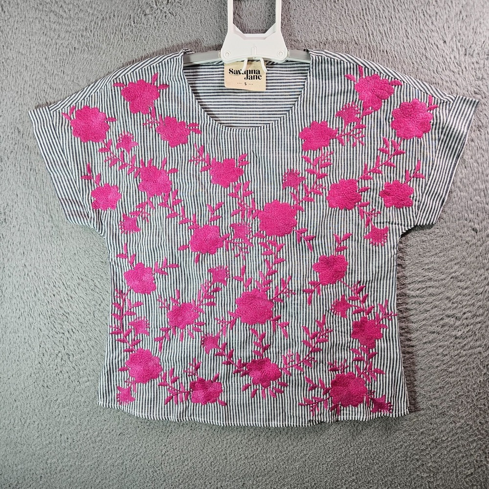NEW Savanna Jane Embroidered Top Women Small Pink Floral White Black Striped